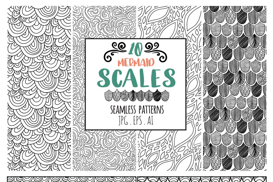 手绘鳞片图案无缝背景纹理设计素材Mermaid-Scales
