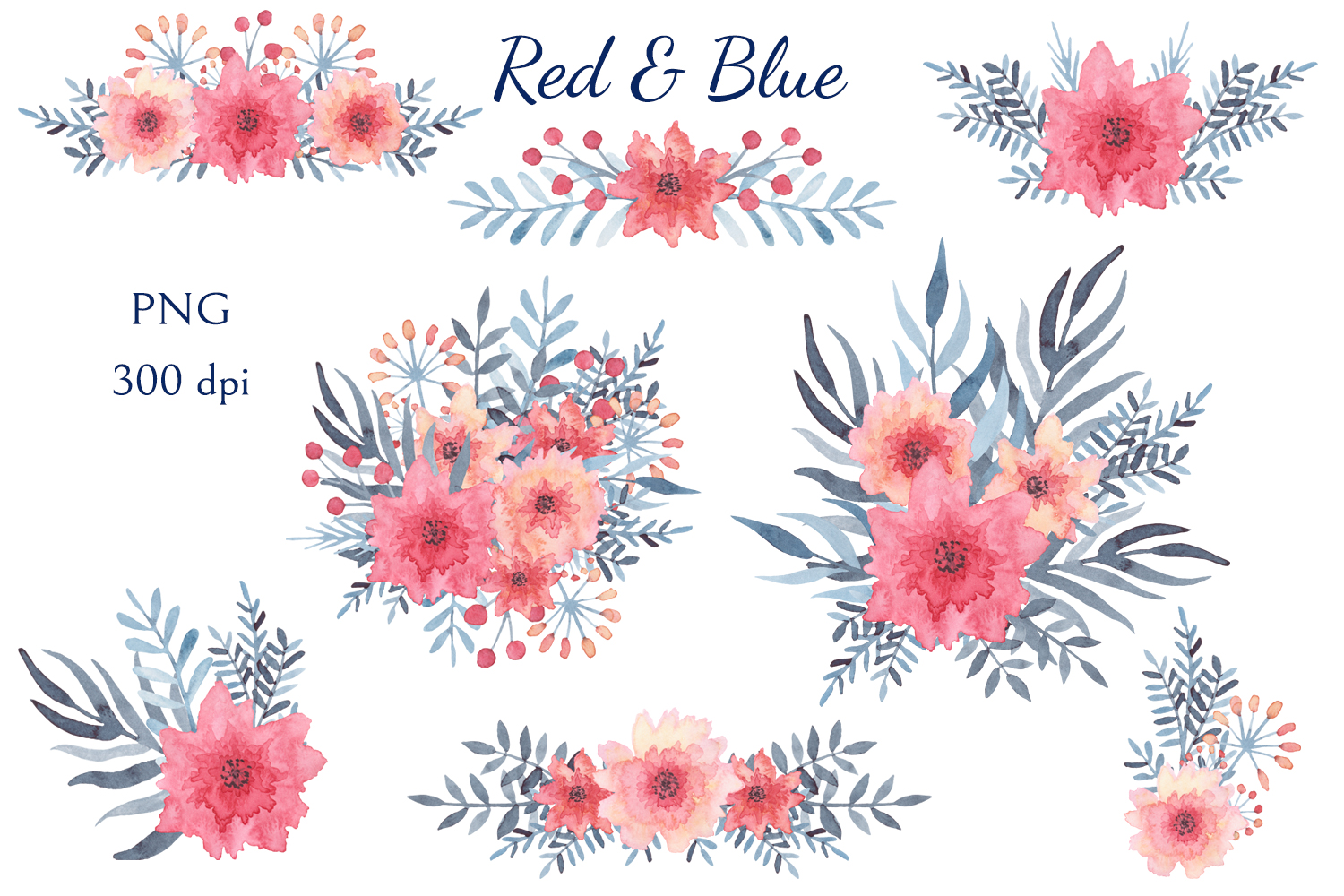 柔和舒适的蓝红水彩画花卉装饰免抠图素材合辑 Red &