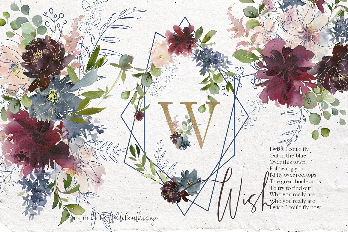 手绘水彩花卉字母设计元素Wish Bordo Blue Wa
