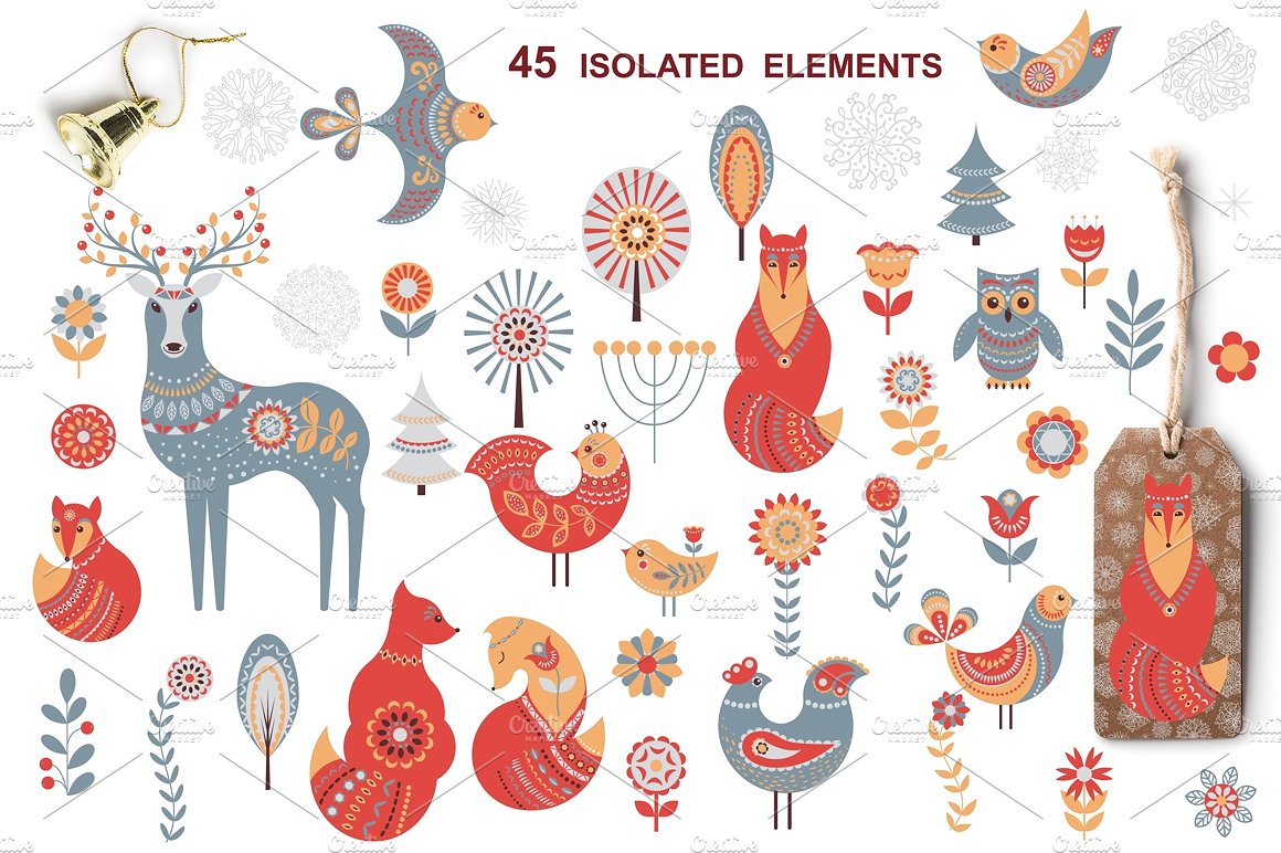 高端创意斯堪的纳维亚风格动物植物插画背景纹理Scandina