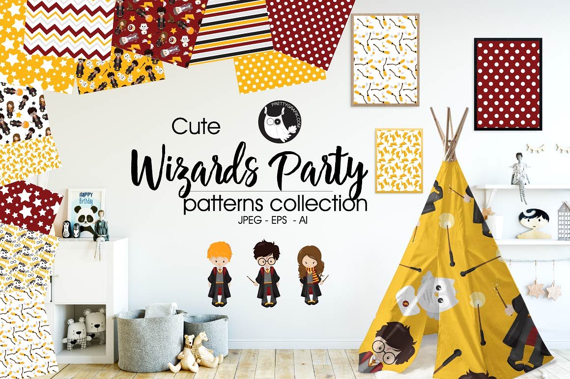 派对主题无缝背景设计素材WIZARDS PARTY Patt