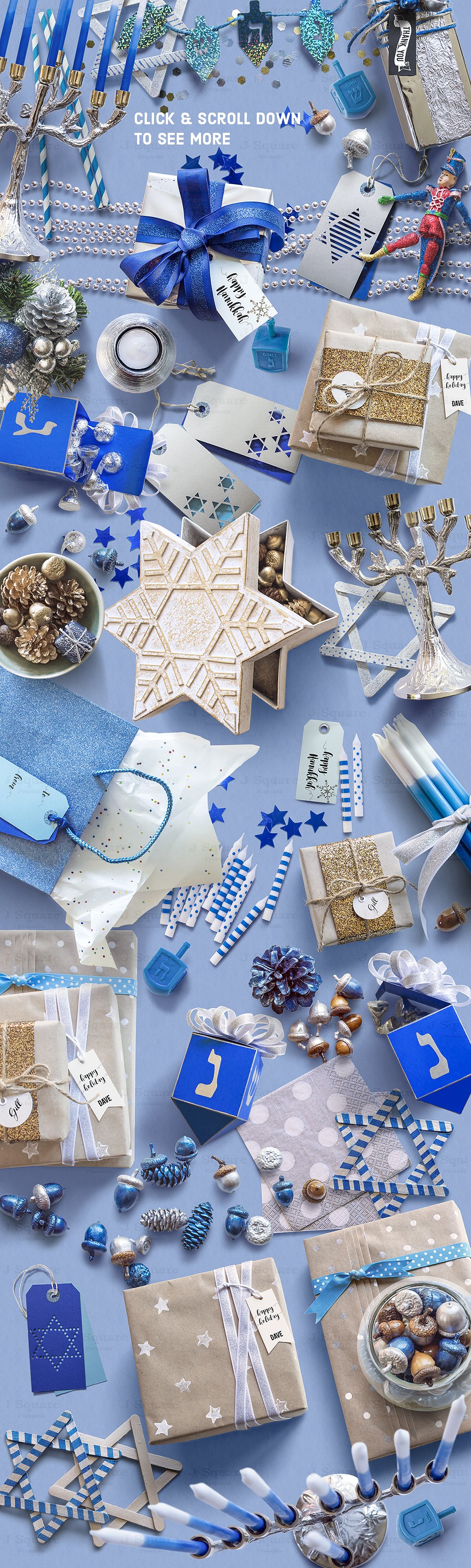 蓝色格调假日和圣诞节场景设计装饰元素 Hanukkah Pr