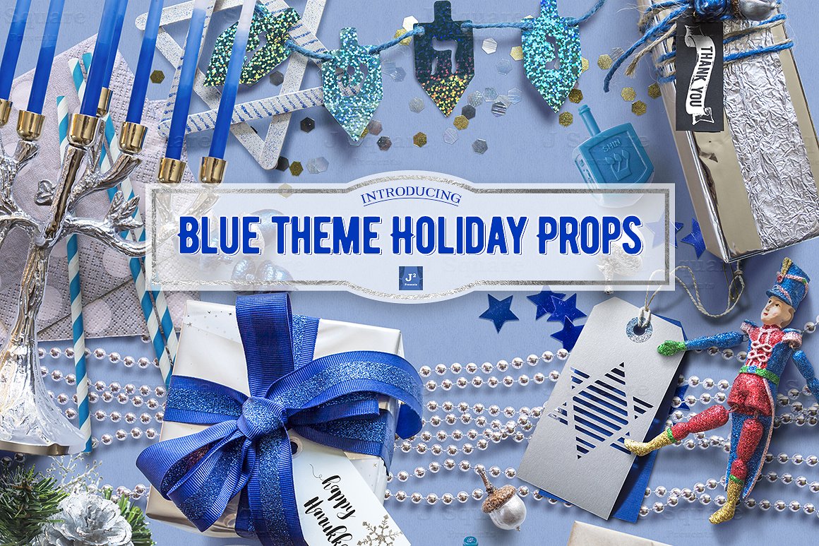 蓝色格调假日和圣诞节场景设计装饰元素 Hanukkah Pr