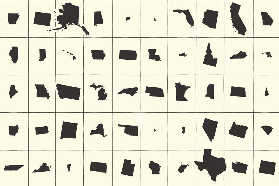 50个手绘国家地图插画素材 50 States - Hand