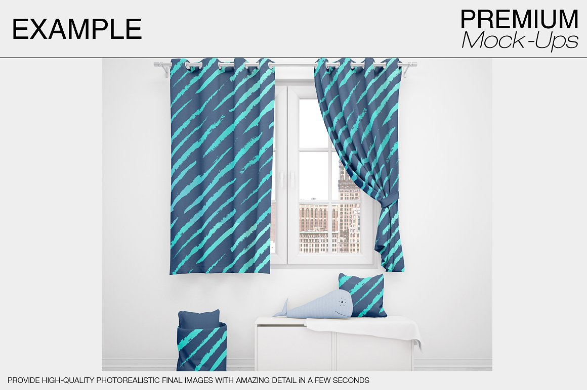 时尚简约的窗帘和枕头纺织品样机模板Curtains &