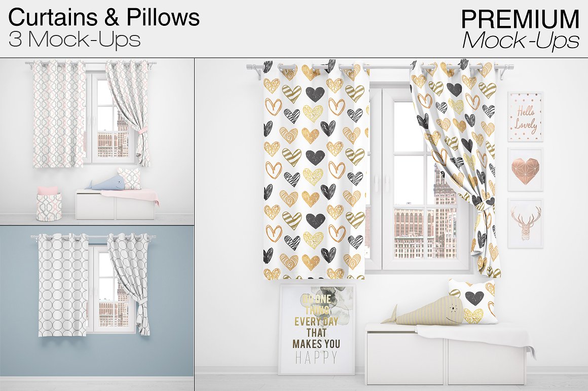 时尚简约的窗帘和枕头纺织品样机模板Curtains &