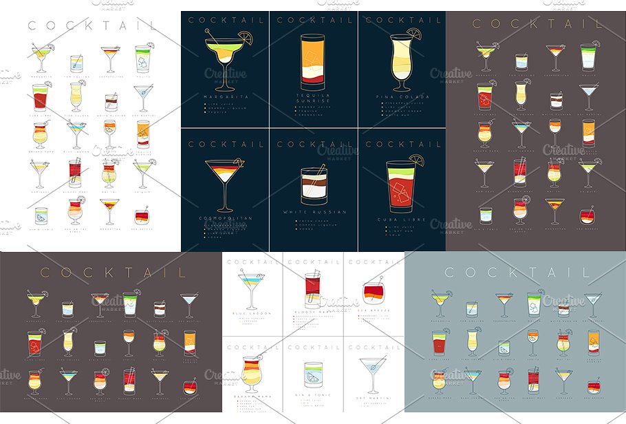 手绘鸡尾酒饮品插图素材Cocktails Flat Post