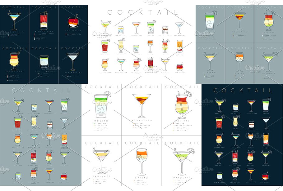 鸡尾酒会扁平风格图标设计素材Cocktails Flat P