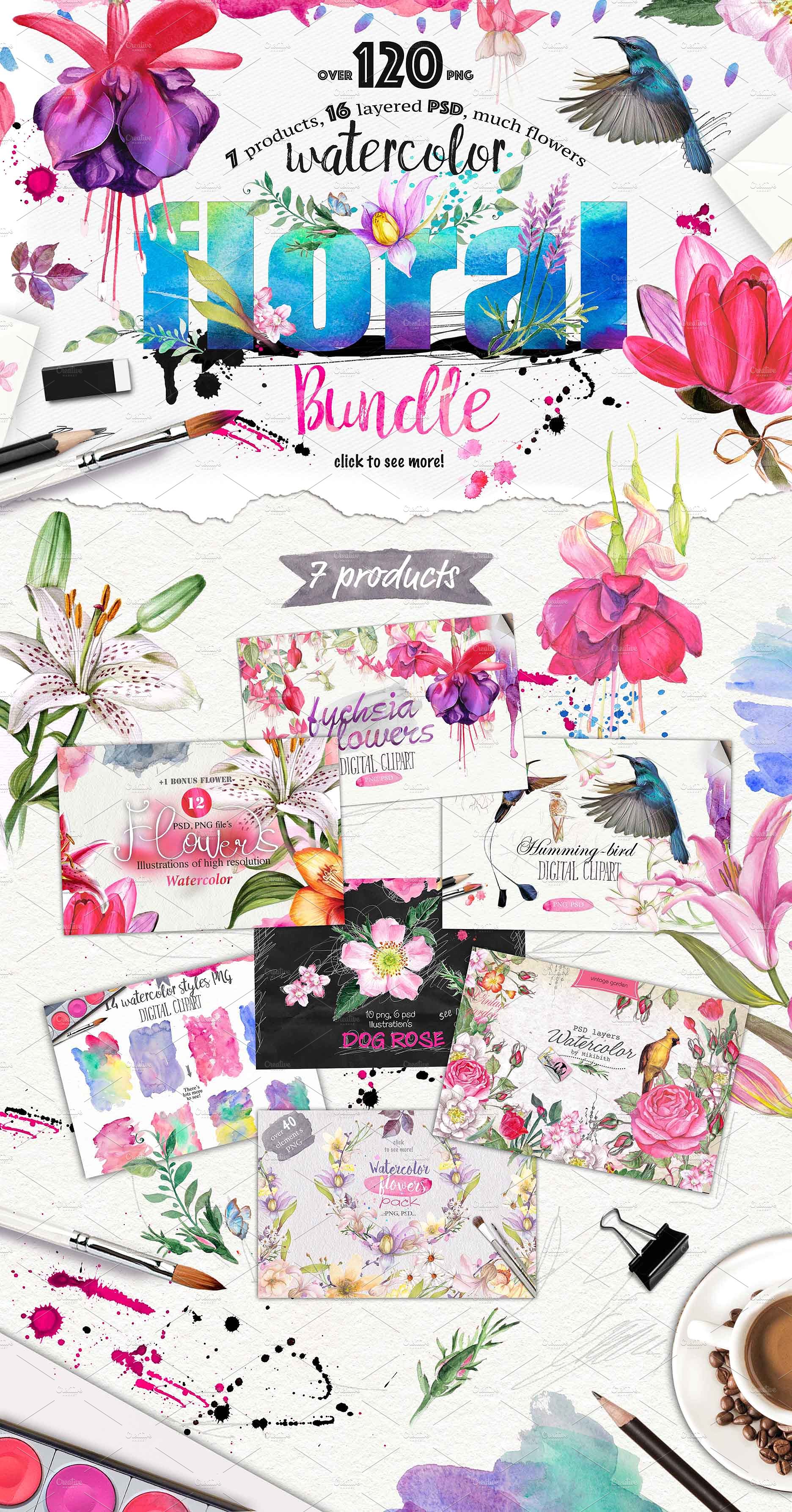 水彩花卉插画元素大合集 Watercolor Bundle