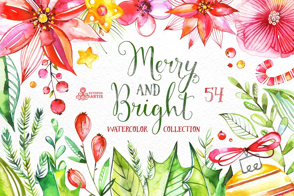 欢快明亮水彩花卉插画 Merry And Bright. W