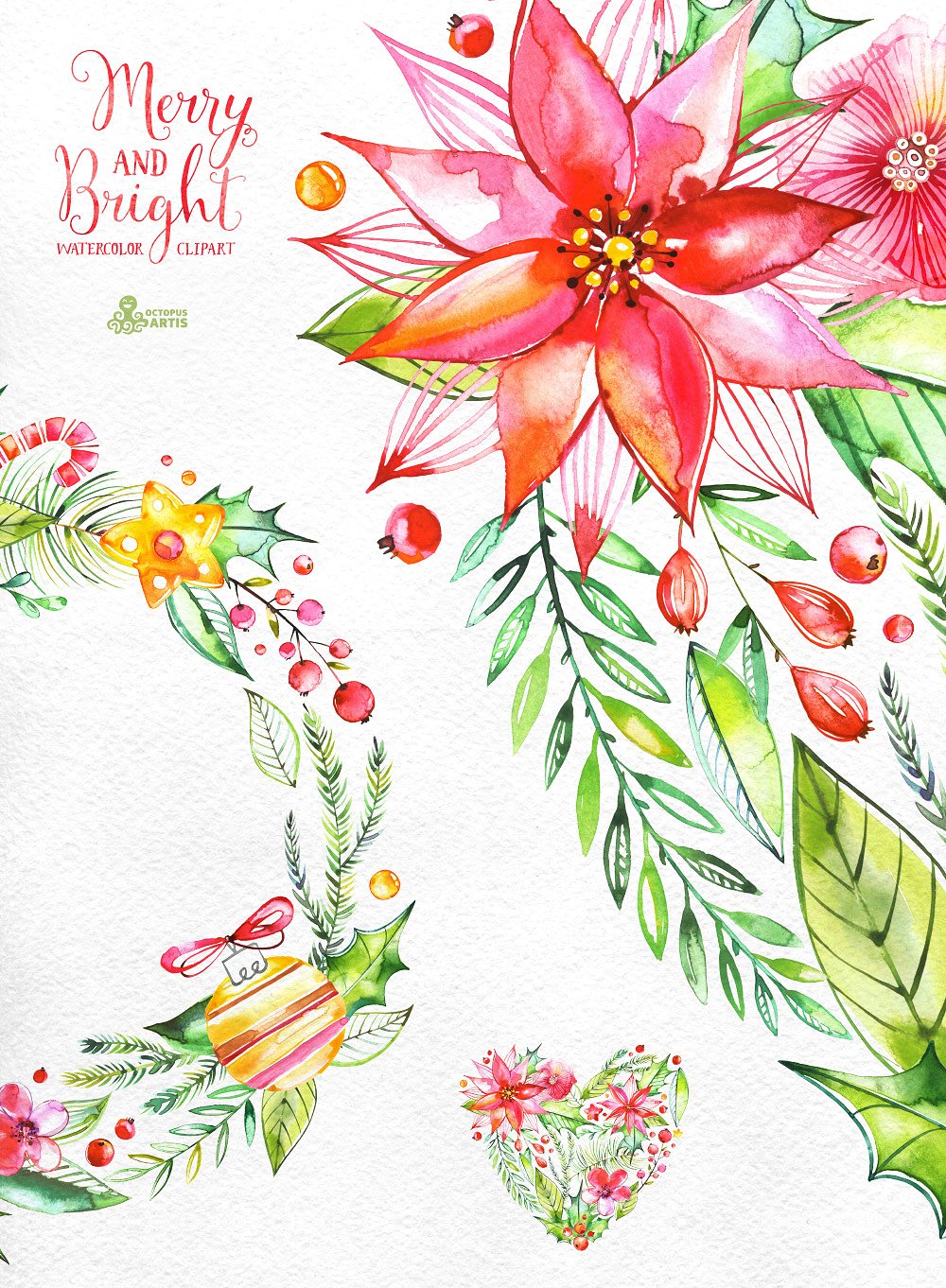 欢快明亮水彩花卉插画 Merry And Bright. W