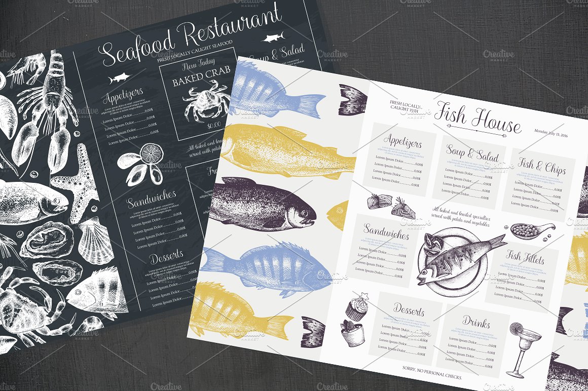 传统海鲜插图和菜单矢量设计 Vector Seafood M