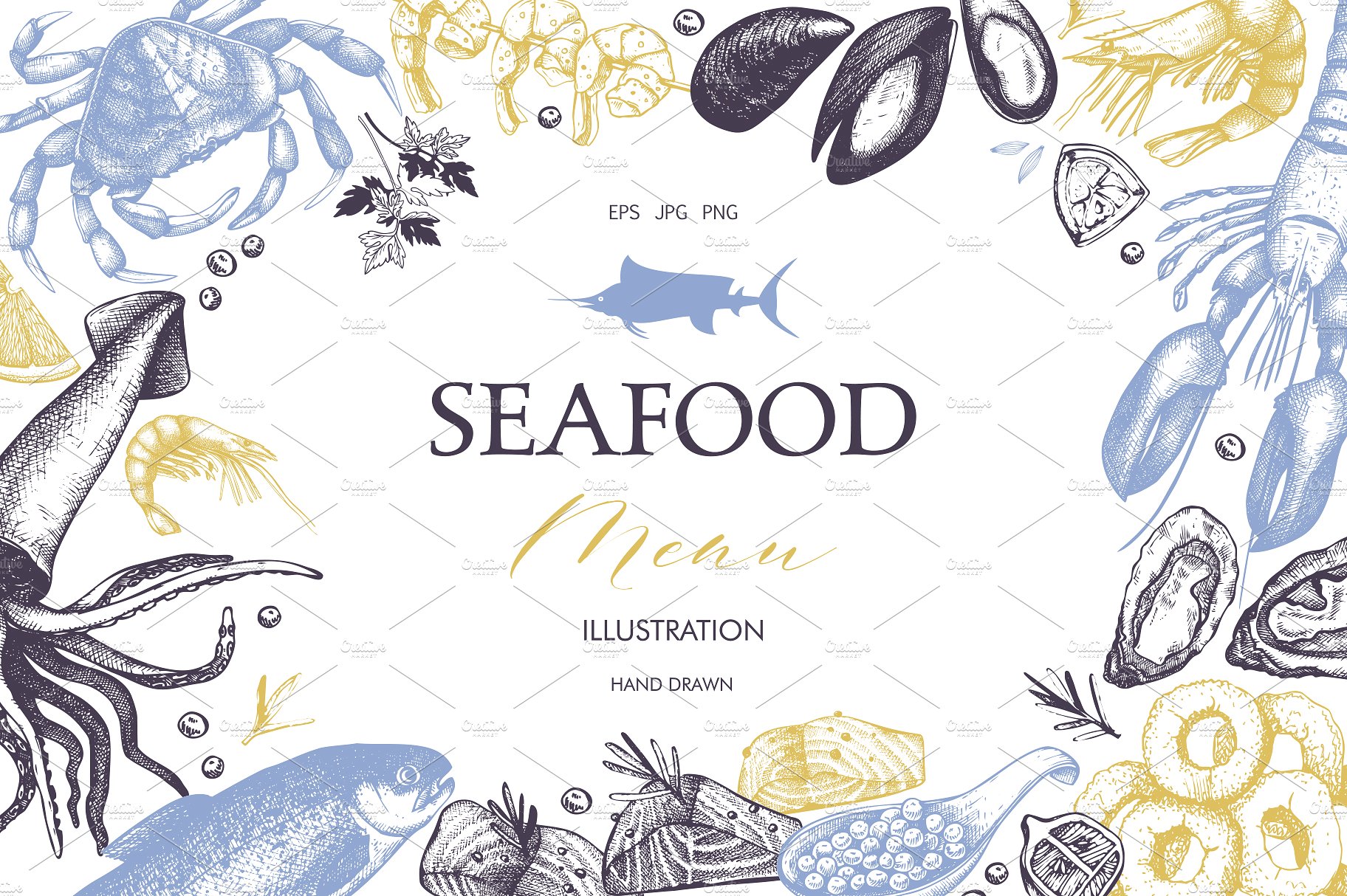 复古海鲜葡萄酒手绘素描草图合集包 Vector Seafoo