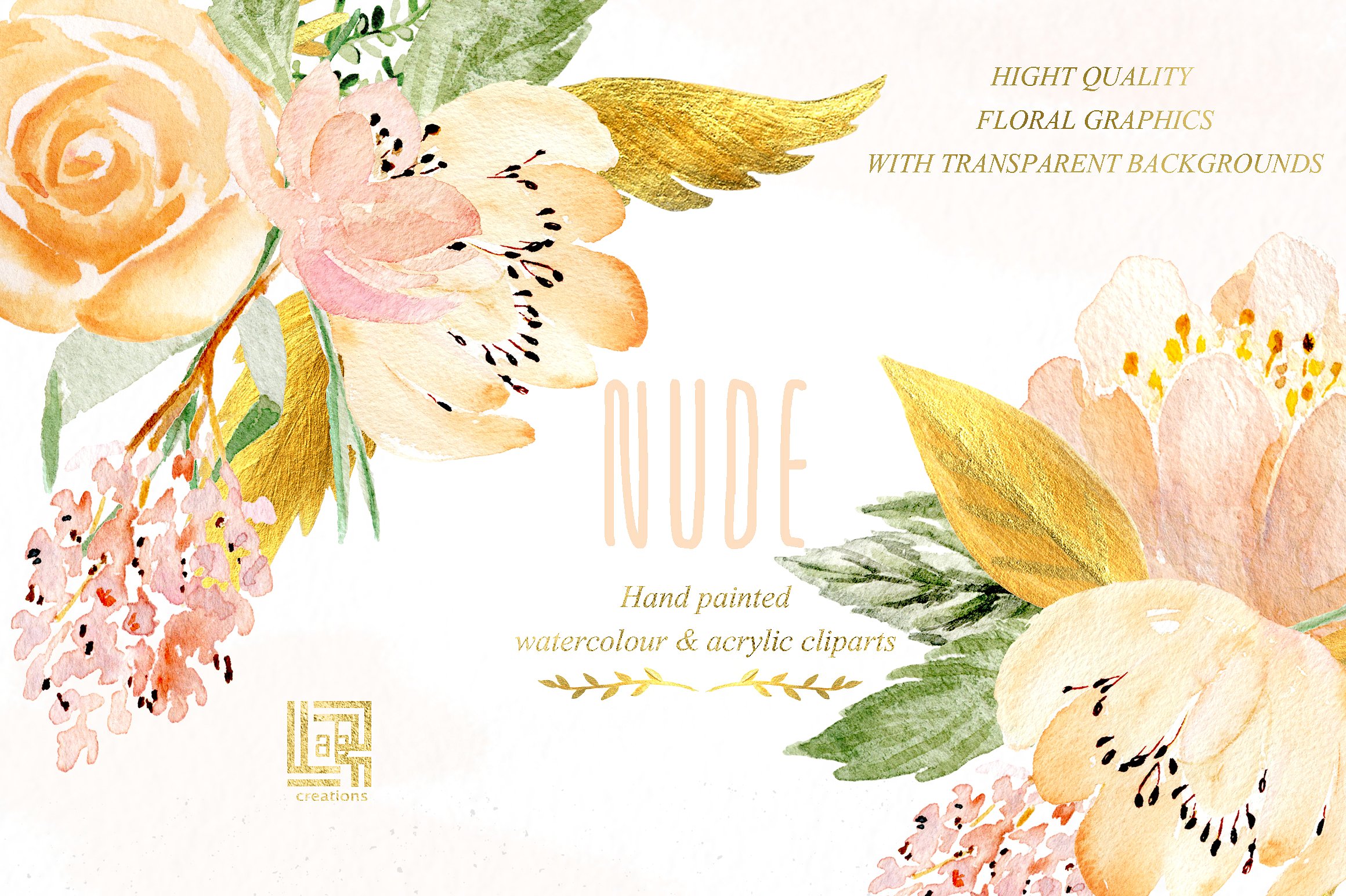 裸色与黄金水彩花卉设计素材 Nude & gold