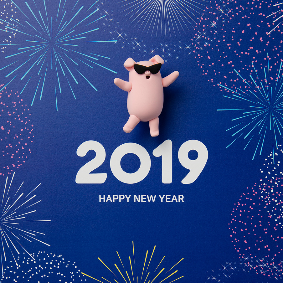 超酷2019星空烟花新年快乐猪猪侠和兔子高清素材