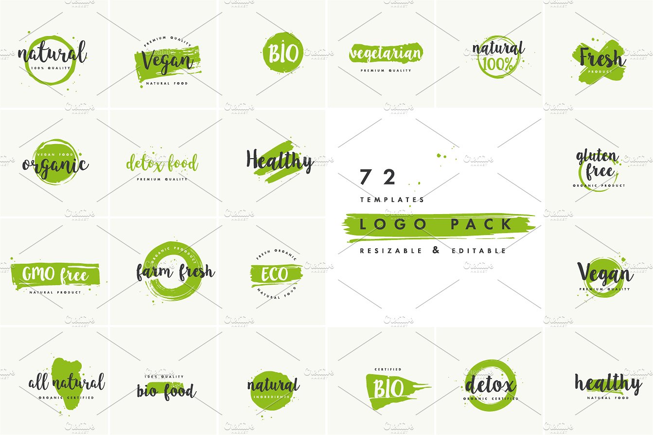 72个漂亮的绿色设计元素矢量标志Organic, Natur