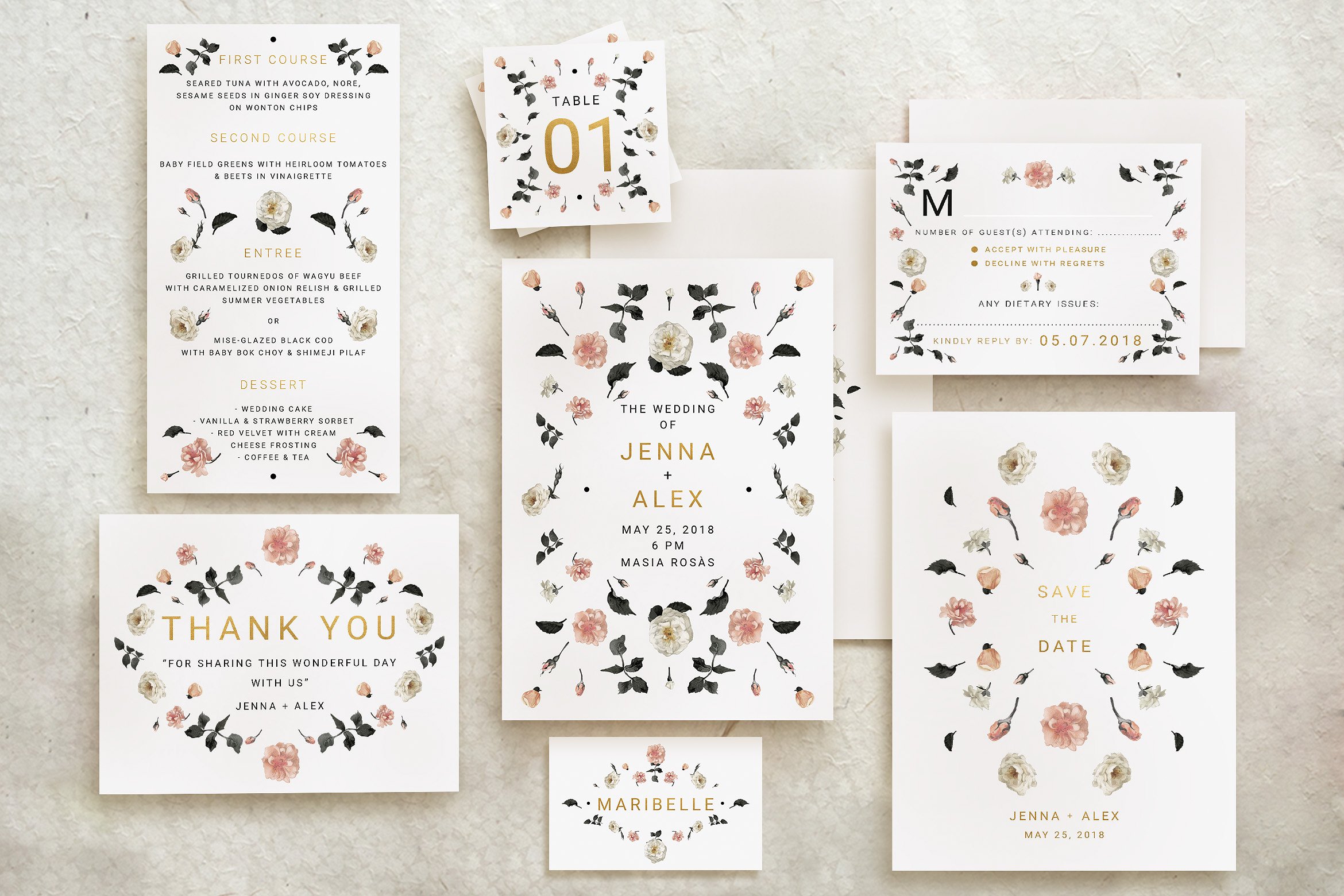 花卉邀请函Rose Gold Wedding Invitat