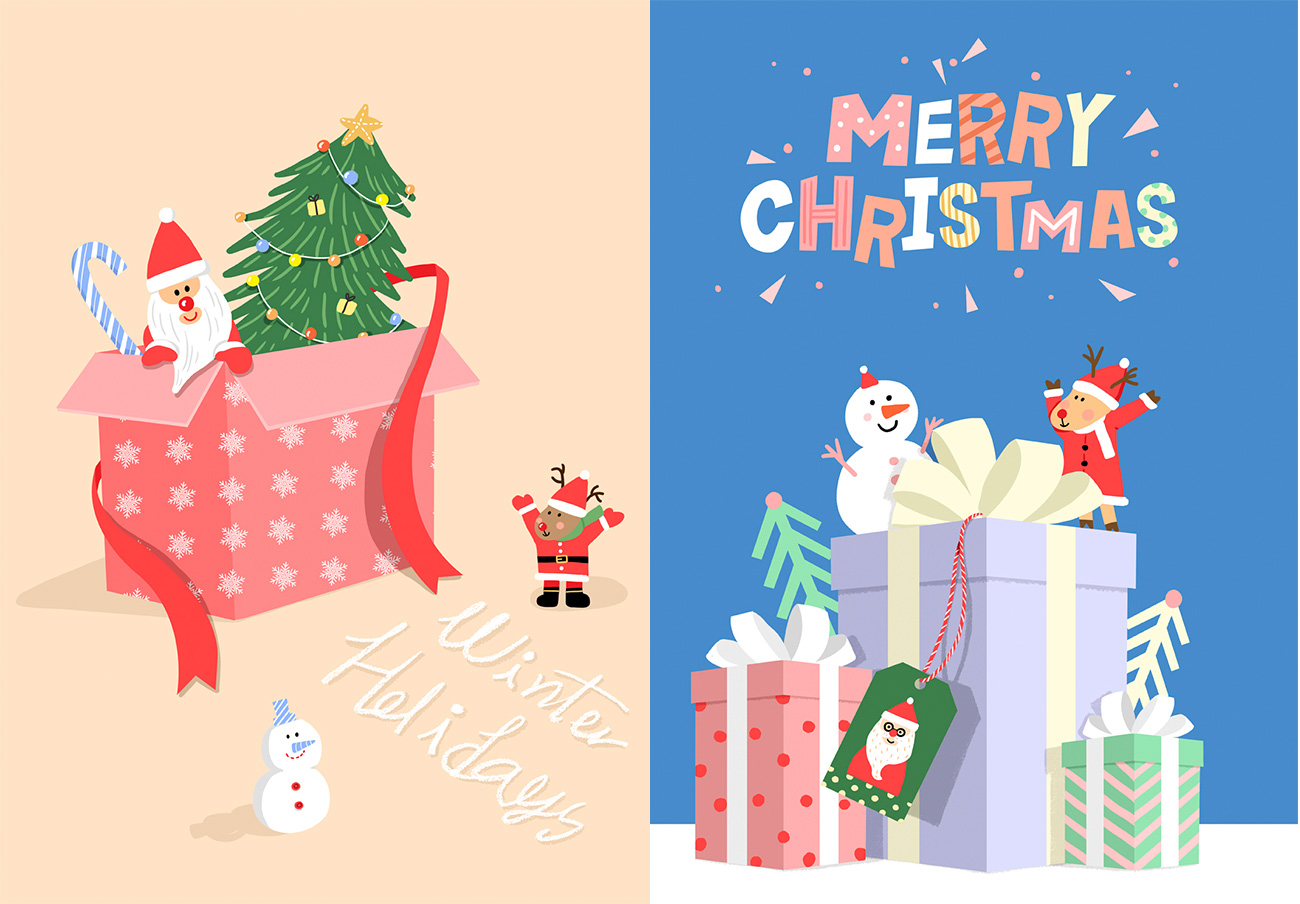 可爱小清新风格圣诞节插画海报素材PSD模板合辑 9P