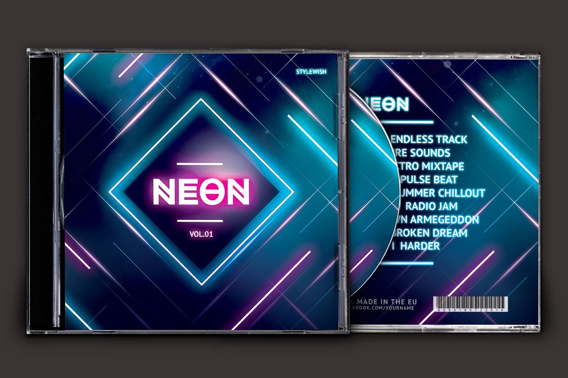 霓虹灯背景音乐CD封面模板 Neon-CD-Cover-Ar