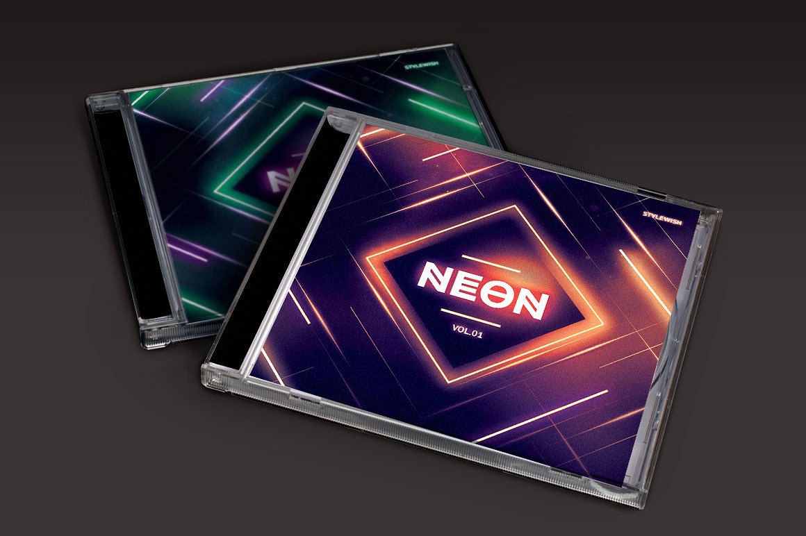 霓虹灯背景音乐CD封面模板 Neon-CD-Cover-Ar