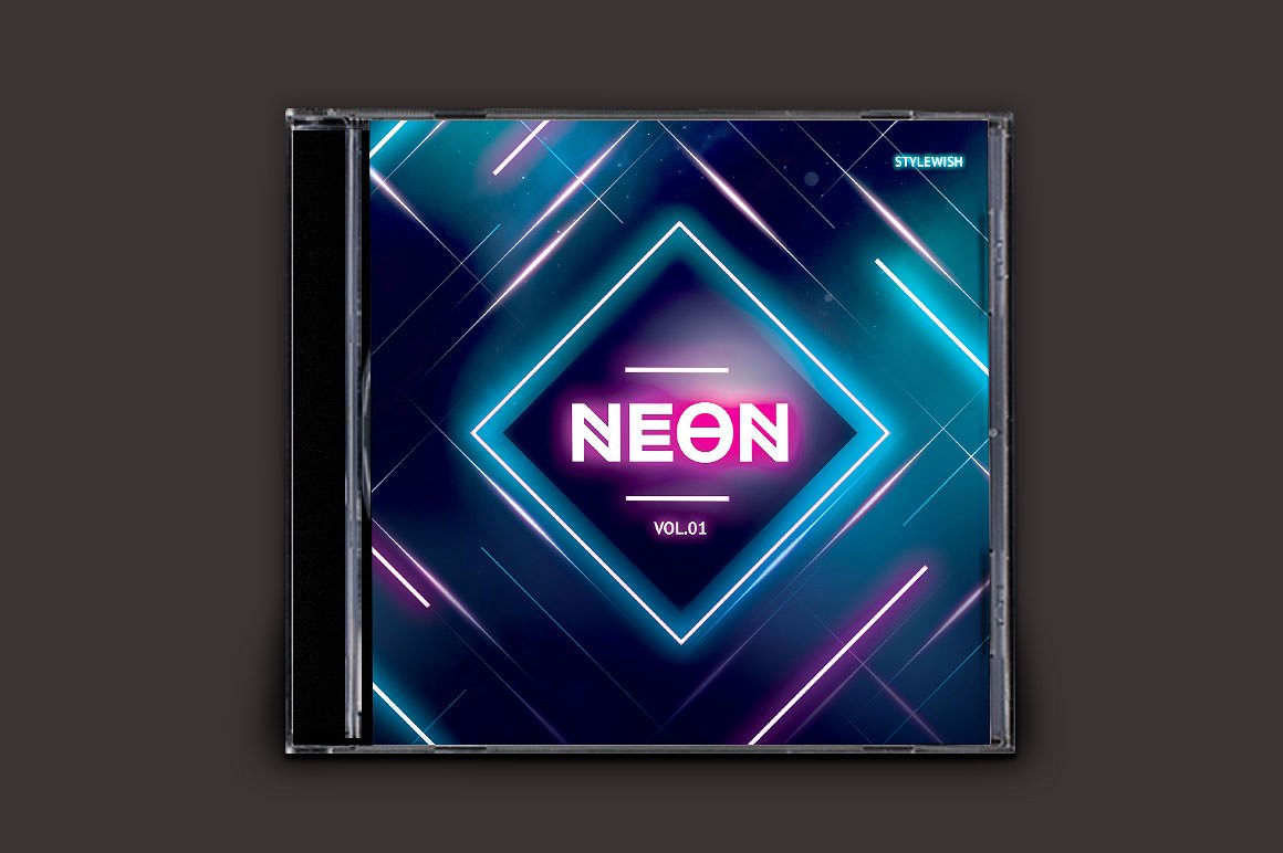 霓虹灯背景音乐CD封面模板 Neon-CD-Cover-Ar