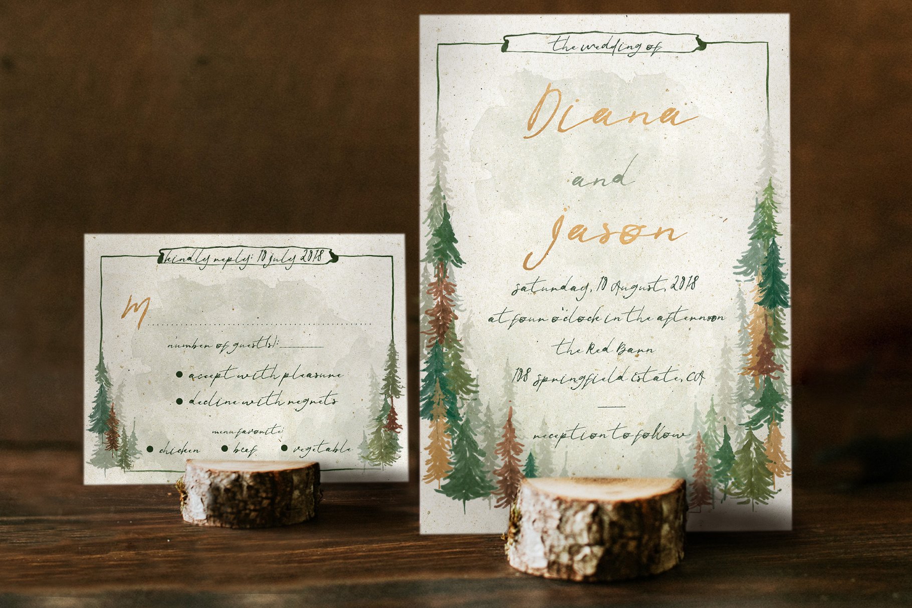 水彩森林背景婚礼设计物料模板 Watercolor-Fore