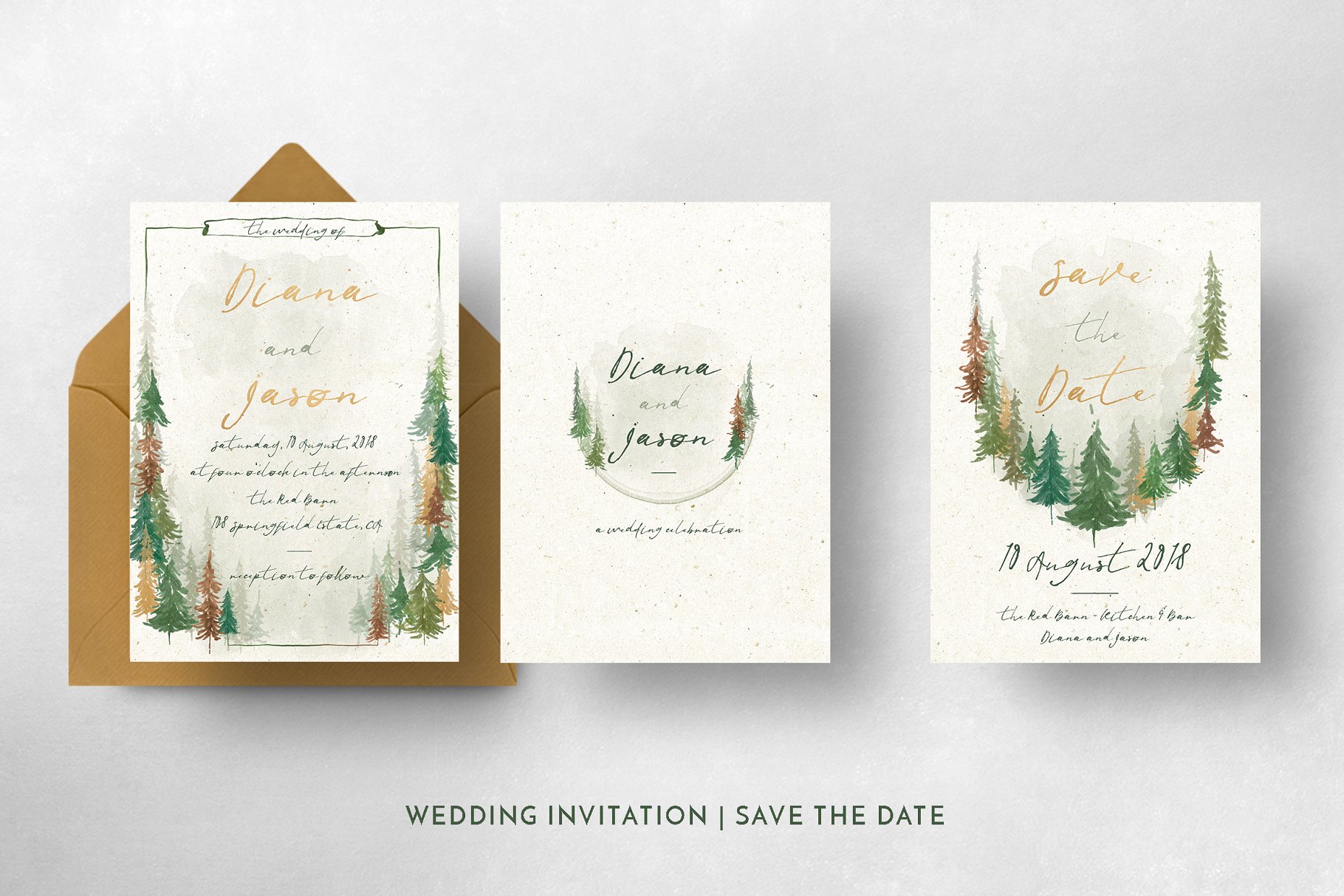 水彩森林背景婚礼设计物料模板 Watercolor-Fore