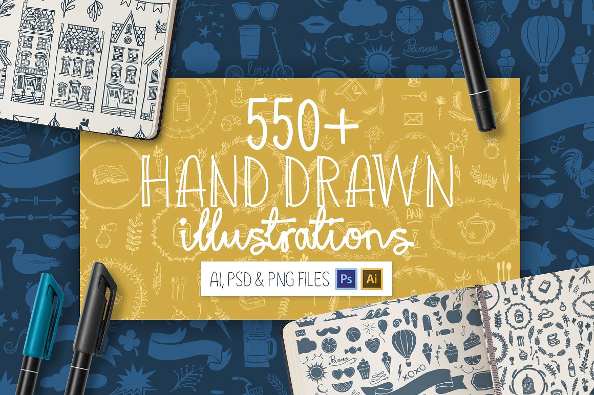 550+手绘矢量插画图案550-Hand-Drawn-Ill