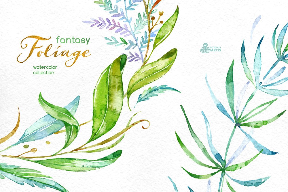 高品质手绘水彩图形设计素材Fantasy Foliage.