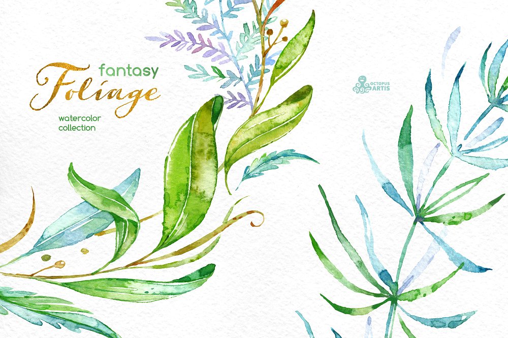 梦幻手绘水彩绿色花卉叶子插画素材 Fantasy-Folia