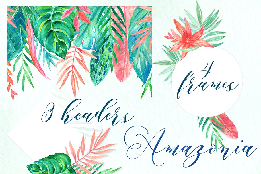 手绘水彩热带雨林植物设计素材 Tropical-leaves