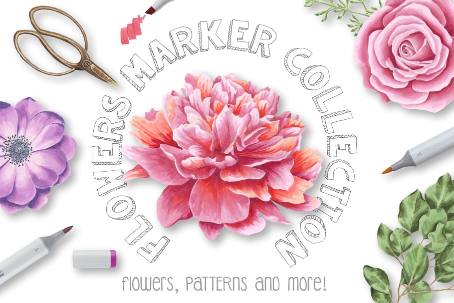 水彩马克笔花卉插画素材 Flower-Marker-Coll