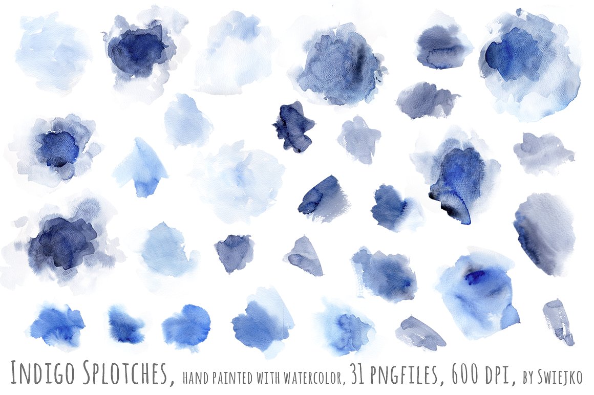 水彩靛蓝斑点设计素材 Watercolor-indigo-s