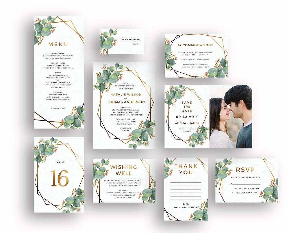 手绘水彩花卉元素婚礼邀请物料设计模板 Eucalyptus-