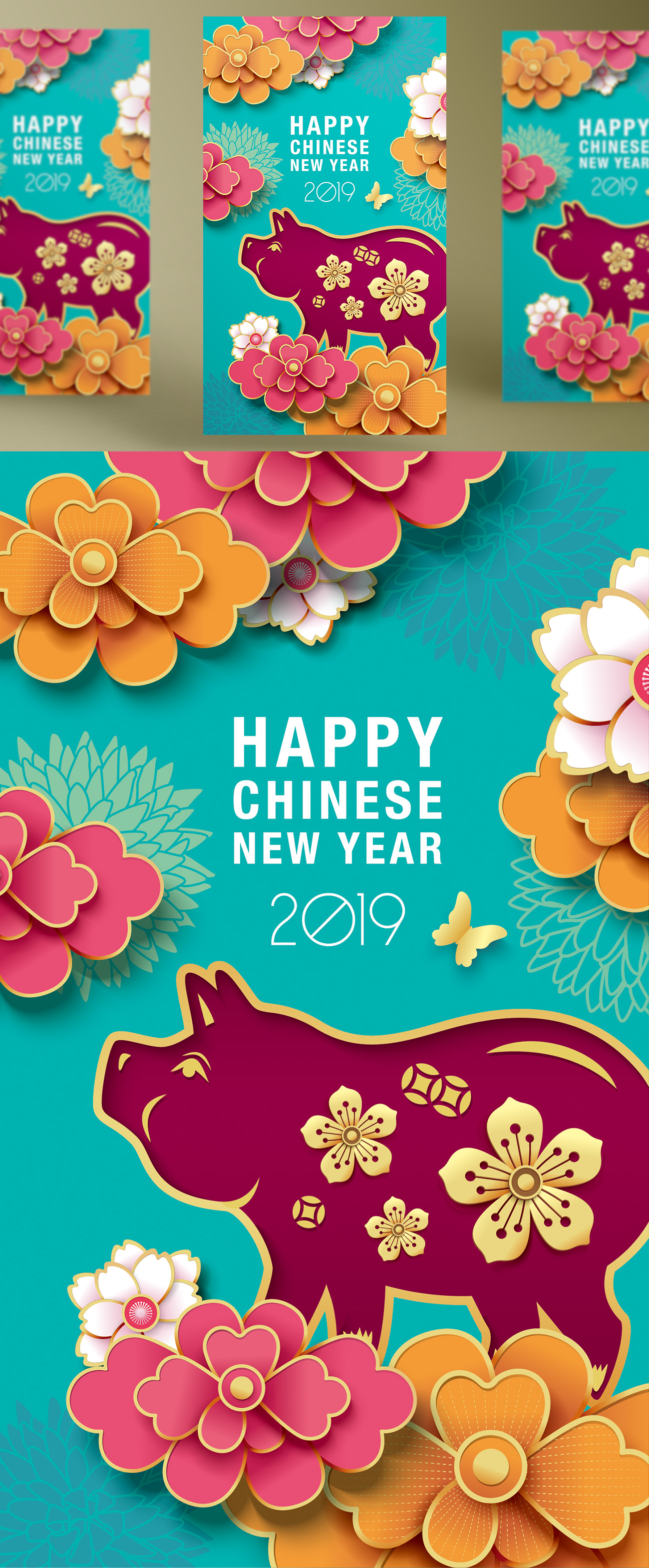 2019猪年中国传统12生肖纸艺术新年图案贺卡设计素材