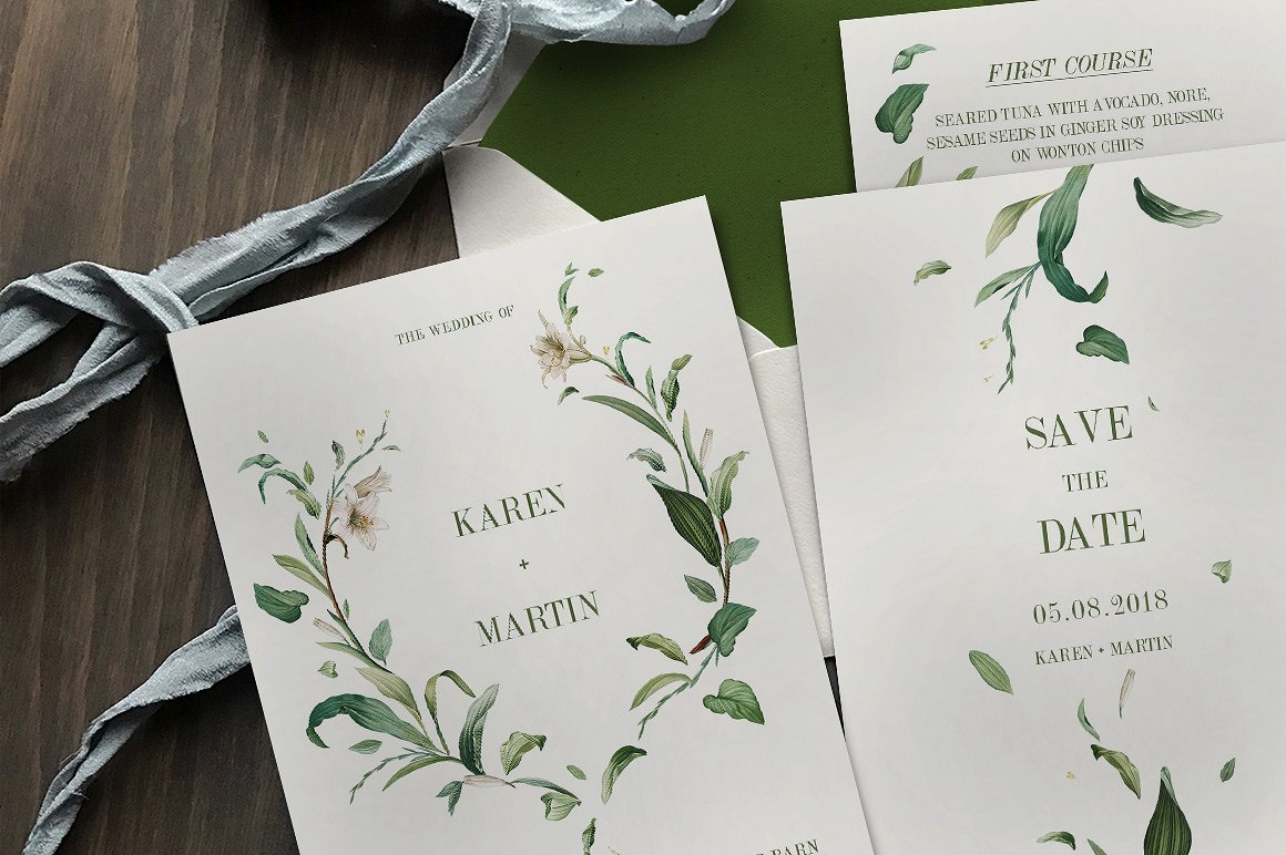 手绘水彩绿叶婚礼邀请函设计模板 Green-Foliage-