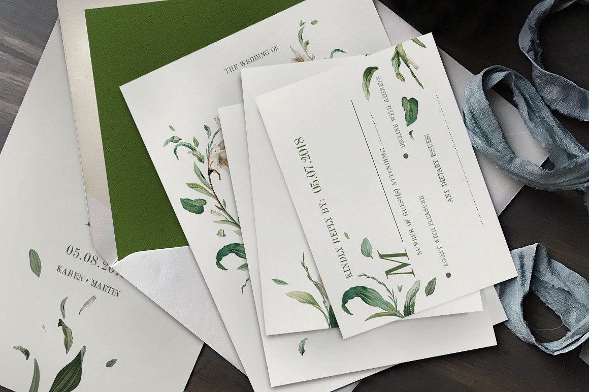 手绘水彩绿叶婚礼邀请函设计模板 Green-Foliage-