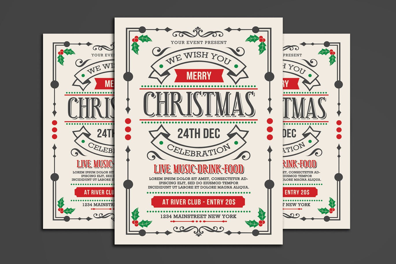 时尚清新的圣诞节新年海报宣传单DM设计模板 christma