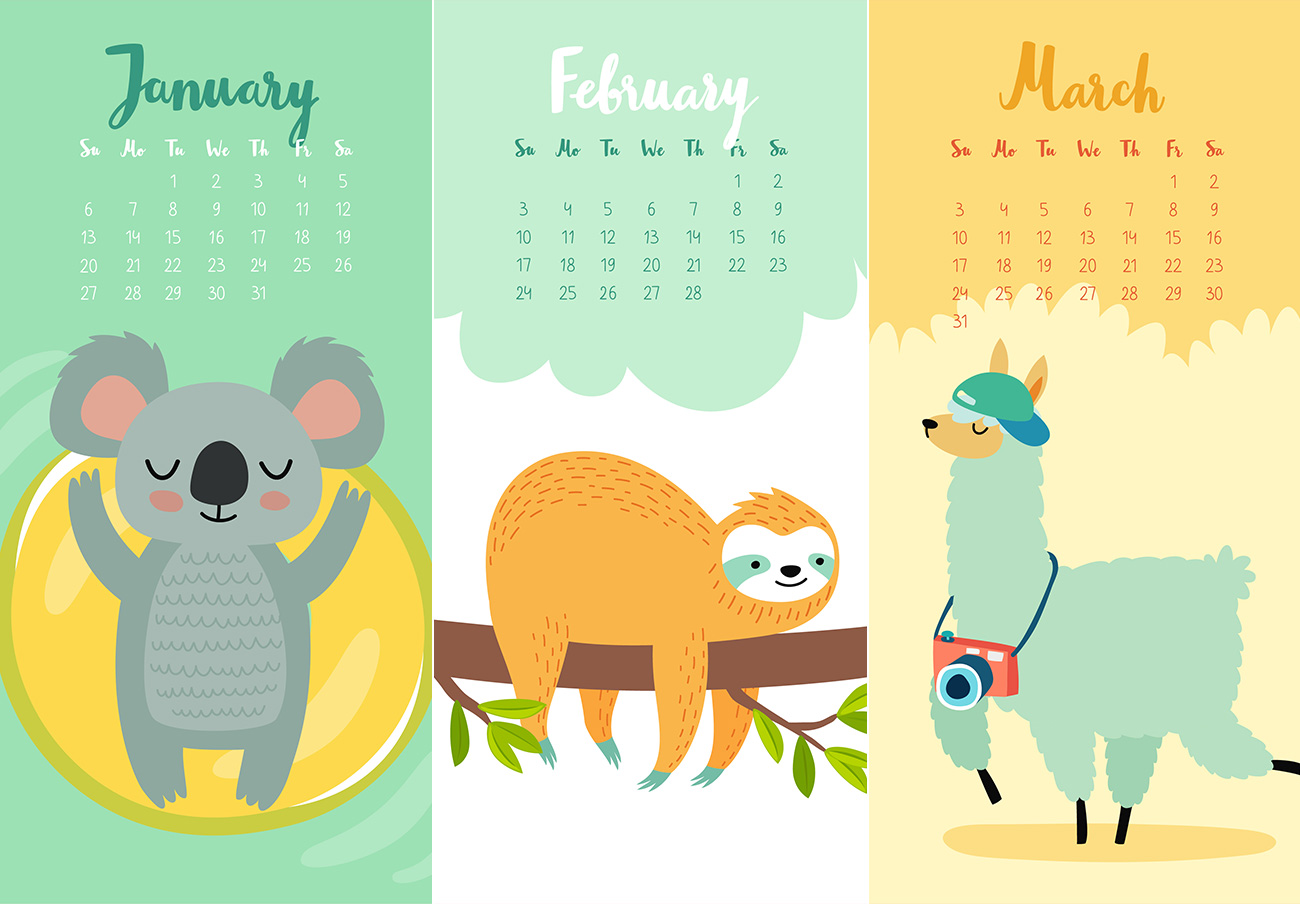 2019年可爱的卡通沙滩动物创意手绘风格日历矢量模版
