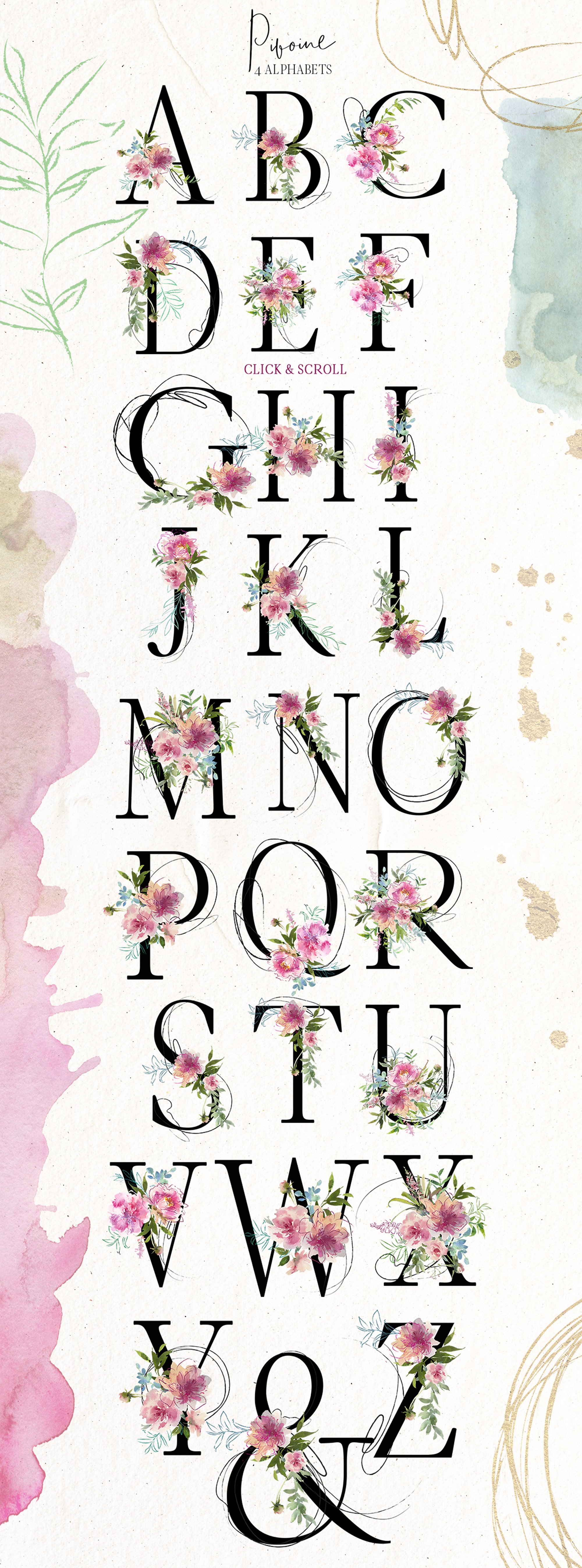 手绘水彩花卉字母数字设计素材 Pivoine-Waterco