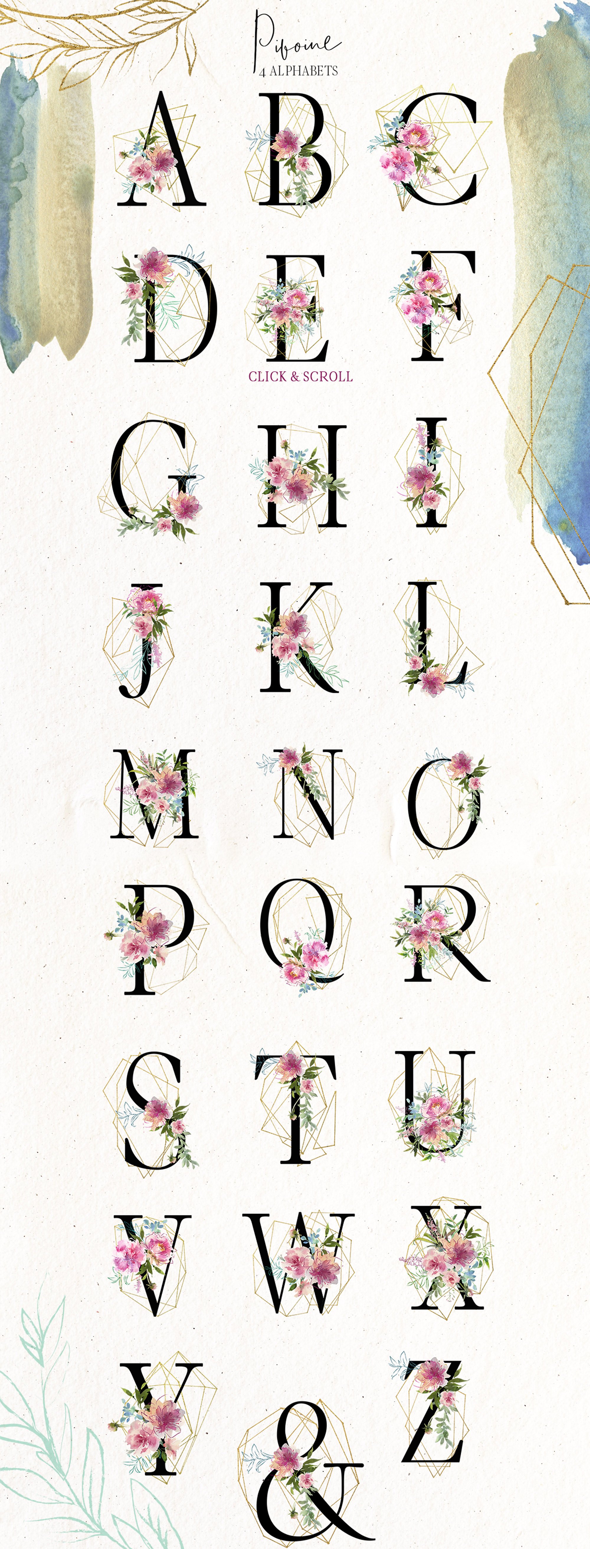 手绘水彩花卉字母数字设计素材 Pivoine-Waterco