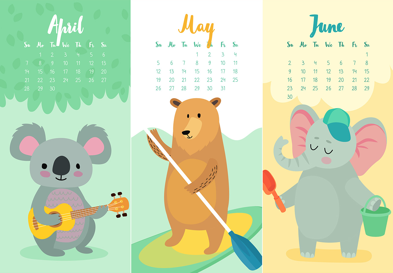 2019年可爱的卡通沙滩动物创意手绘风格日历矢量模版