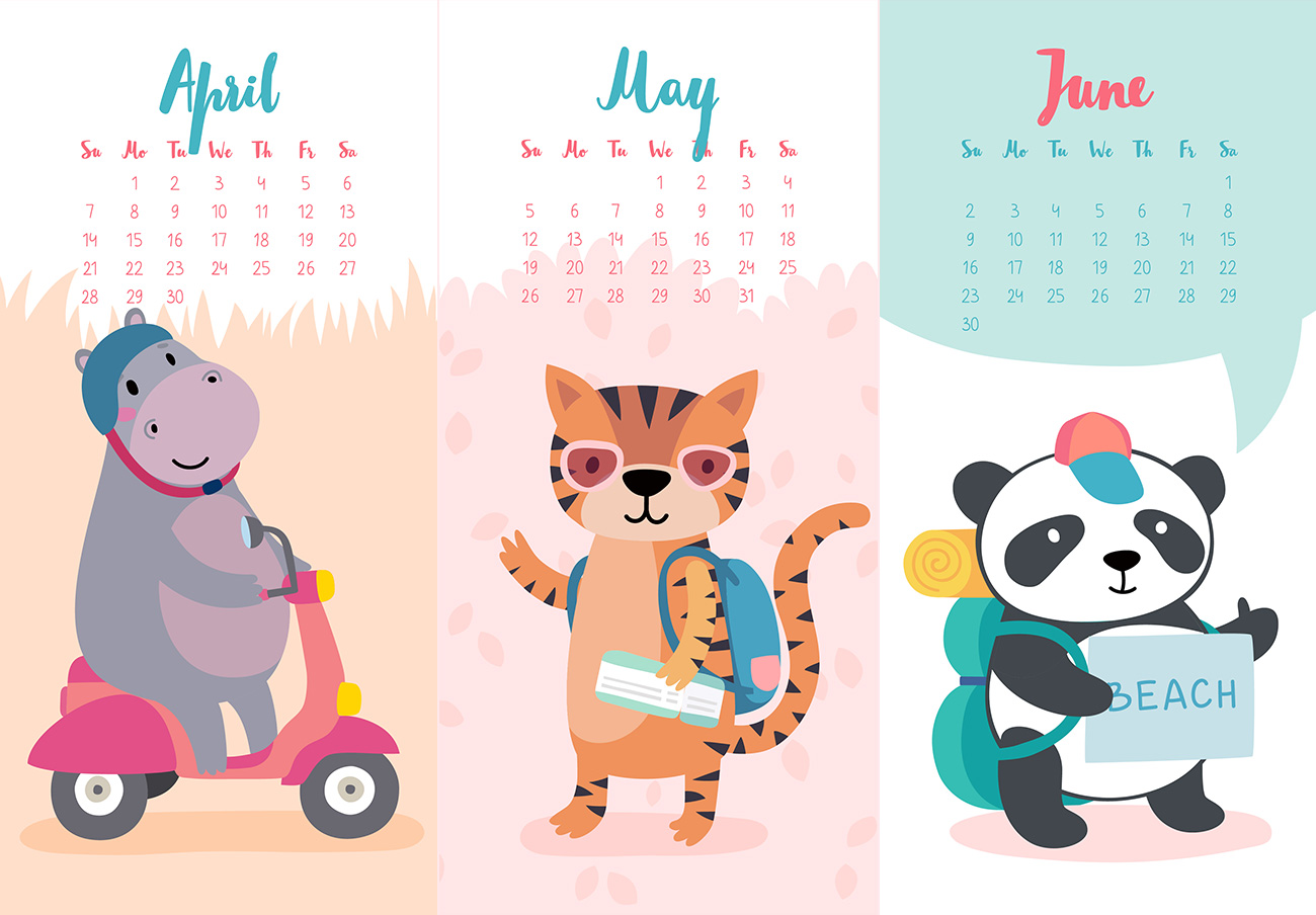 2019年可爱的卡通旅游主题森林动物创意手绘风格日历矢量模版