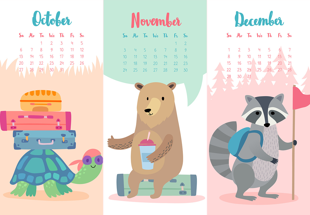 2019年可爱的卡通旅游主题森林动物创意手绘风格日历矢量模版