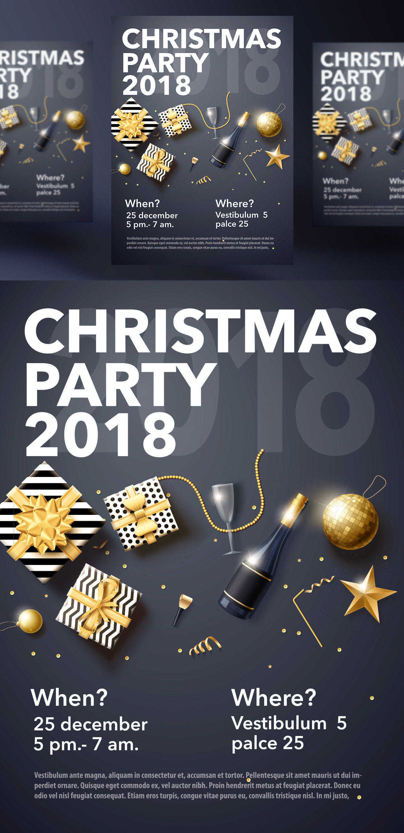 2019年黑金圣诞节新年快乐矢量插图海报素材 Christm