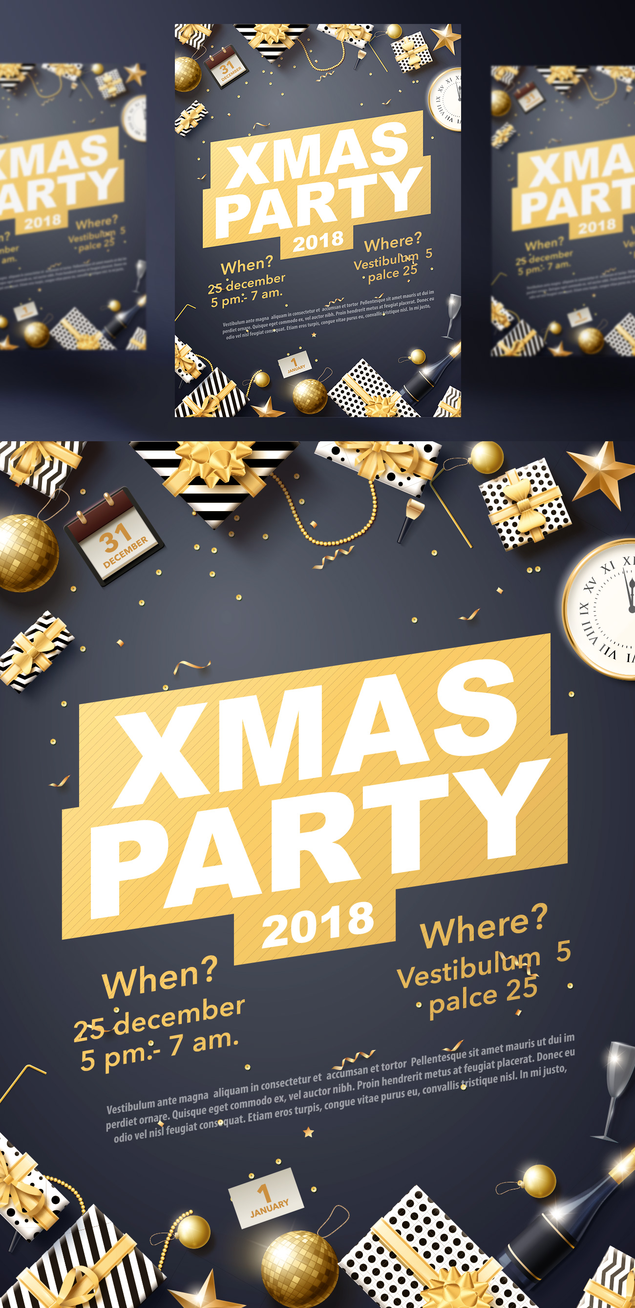 2019年黑金圣诞节新年快乐矢量插图海报素材 XMAS PA