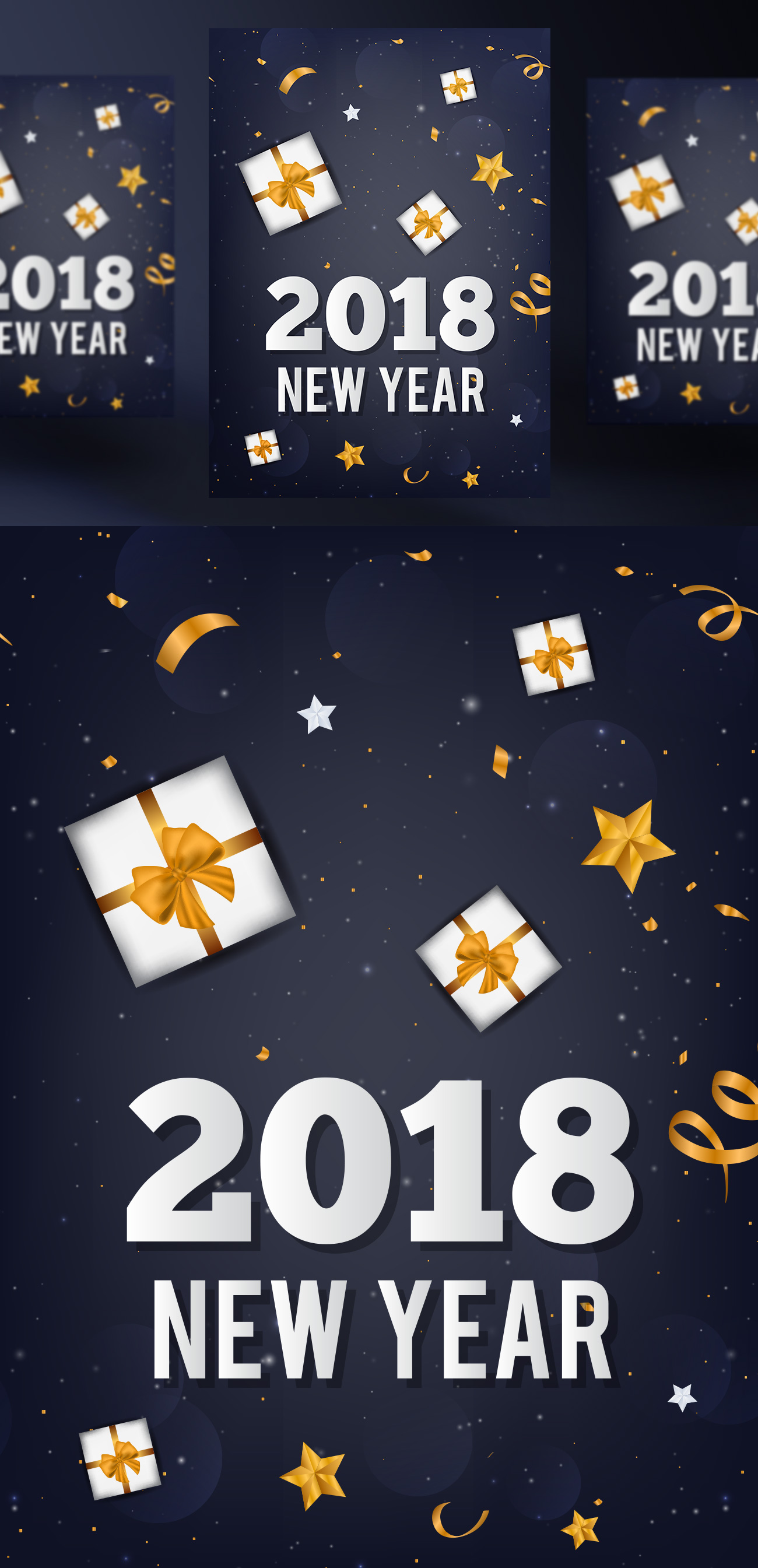 2019年黑金圣诞节新年快乐矢量插图海报素材 Happy N
