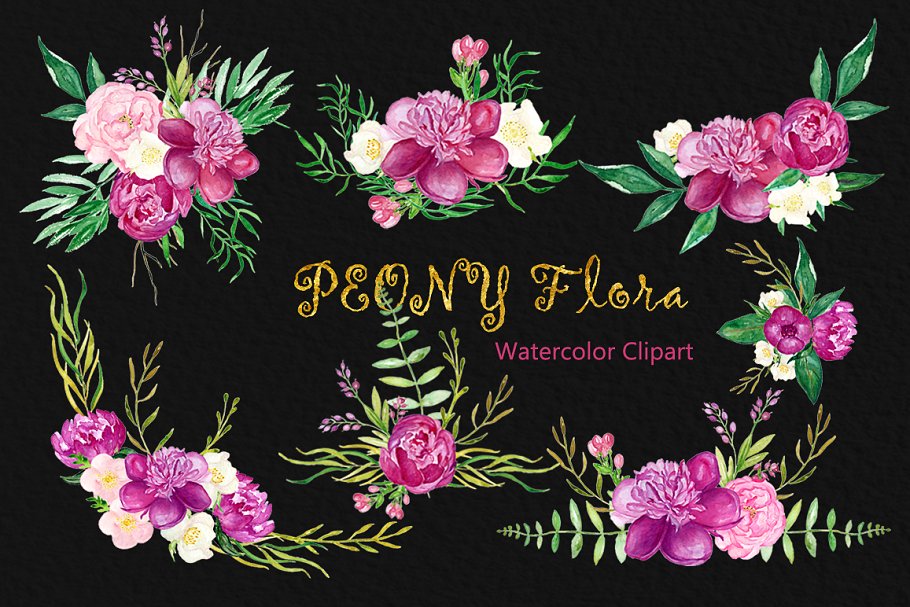 牡丹花丛水彩花卉设计素材 Peony-flora-wate