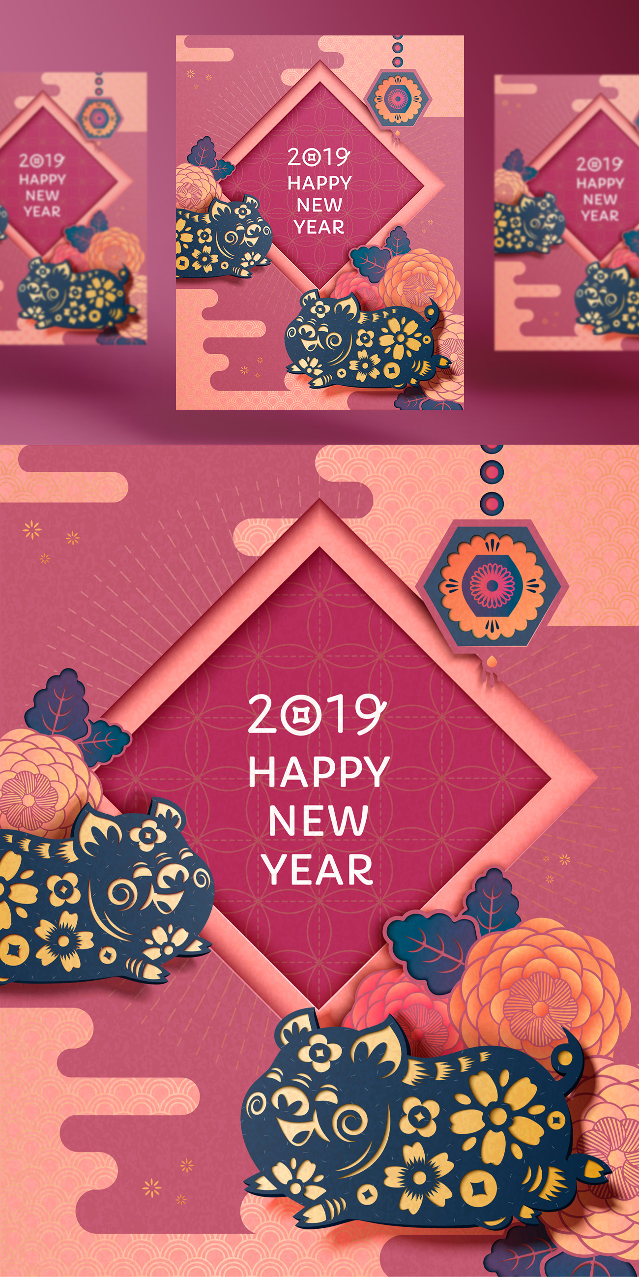 2019年纸艺术风格的中国传统彩绘牡丹图案的新年快乐年画矢量