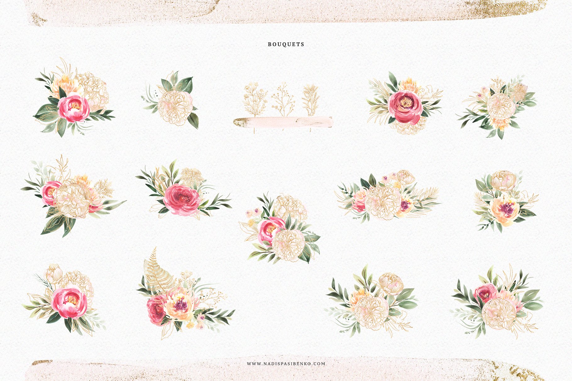 温柔粉色色调手绘水彩花卉植物设计素材 Watercolor-